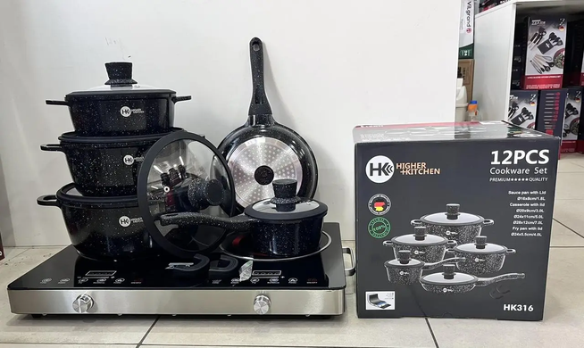 Набір посуду з гранітним покриттям антипригарним 12 предметів Higher Kitchen HK-316 в чорному кольорі ZPshka-HG-HK-316 фото