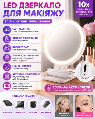 Зеркало для макияжа с LED подсветкой увеличение 10x сенсорное белое косметическое KAR205 KaramanPof-KAR205 фото