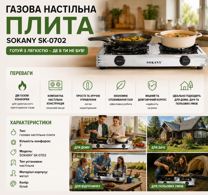 Газова настільна плита SOKANY SK-0702 / Двоконфоркова газова плита OptDropPof-SK-07022 фото
