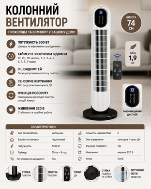 Напольный вентилятор колонный с пультом Tower Cooling Fan 500Вт BITEK BT-2906R EuromaxPof-BT-2906R фото