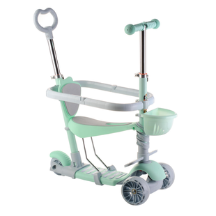 Триколісний дитячий самокат Scooter 5 в 1 "М'ята" з сидінням, бортиком, батьківською ручкою і кошиком 1+ KaramanPof-18-9green фото