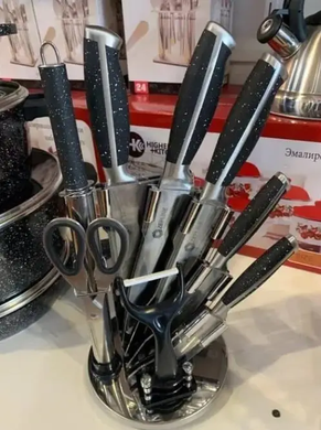 Набір кухонних ножів Zepline ZP-027 із підставкою нержавіюча сталь із точилкою гранітні вставки Чорний HG-ZP-027BLACK фото