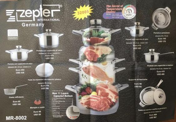 Универсальный набор посуды из коррозионностойкой стали Zepter 21 предмет набор принадлежности для кухни Kitch-9 фото